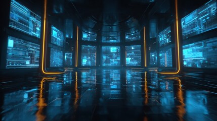 Poster - Futuristic digital space with glowing screens and reflective floor, ideal for tech visuals and creative projects.