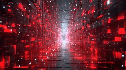 Poster - Futuristic digital tunnel with glowing red blocks, representing advanced technology and innovation pathways.