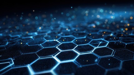 Poster - Futuristic hexagonal pattern with glowing lights, showcasing innovation and digital design in a tech-driven world.