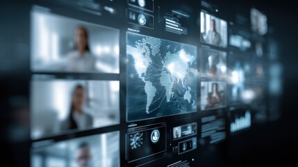 Poster - Futuristic interface displaying global connections and data analytics through digital screens.