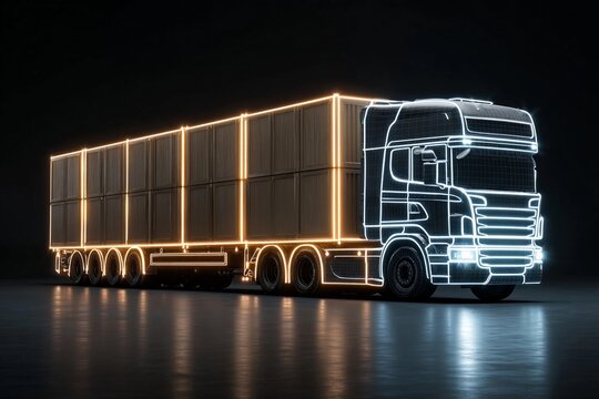 Digital truck design with glowing outline in a dark studio environment