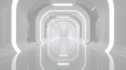 Poster - Modern, sleek corridor with bright white walls and reflective floors, creating a futuristic ambiance.