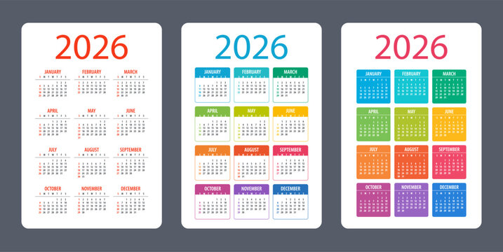 Calendar set 2026 - illustration. Week starts on Sunday