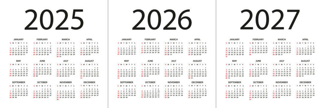 Calendar 2025, 2026, 2027 - illustration. Week starts on Sunday. Calendar Set for 2025, 2026, 2027 years