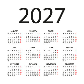 Calendar 2027 - illustration. Week starts on Monday. Calendar Set for 2027 year