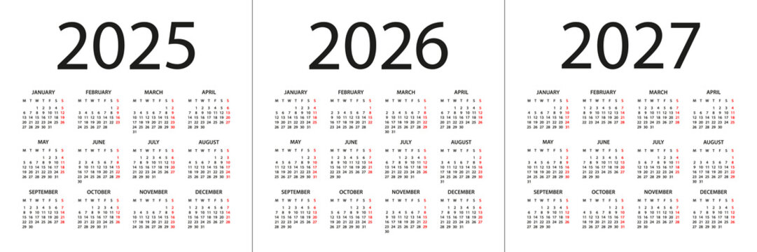 Calendar 2025, 2026, 2027 - illustration. Week starts on Monday. Calendar Set for 2025, 2026, 2027 years