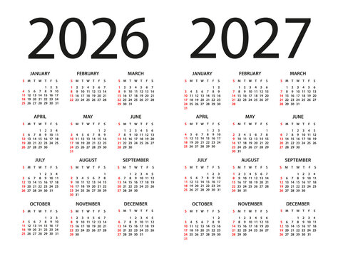 Calendar 2026, 2027 - illustration. Week starts on Sunday. Calendar Set for 2026, 2027 years