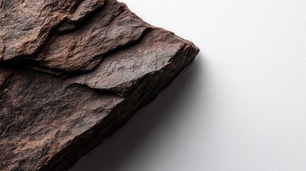 Poster - Stone slab casting deep shadow on white surface, highlighting textural contrast between rugged rock and clean background, ideal for minimalist design compositions