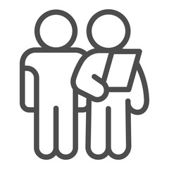 Poster - Tourist and volunteer man with map line icon, traveler survey concept. Vector graphics. Location companion, wayfinding sign on white background, outline style icon for mobile or web design.