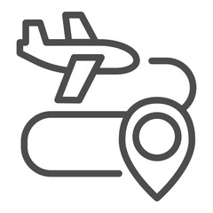 Poster - Plane and location map pin line icon, traveler survey concept. Vector graphics. Airplane flight in one way, destination sign on white background, outline style icon for mobile or web design.