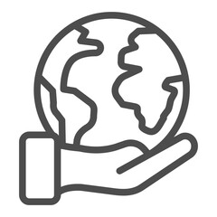 Poster - Helping hand and planet earth line icon, traveler survey concept. Vector graphics. World globe with hand, traveling sign on white background, outline style icon for mobile or web design.