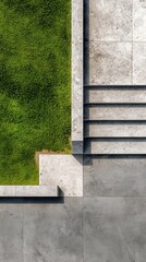 Poster - Green grass punctuating minimalist concrete stairway, blending natural landscape with contemporary architectural design, highlighting urban nature interplay
