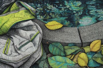 Poster - Unique textile artwork depicting vibrant leaves and clothing near a tranquil body of water in a serene park setting