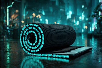 Poster - Futuristic piano mat glows with neon lights in an urban science fiction setting