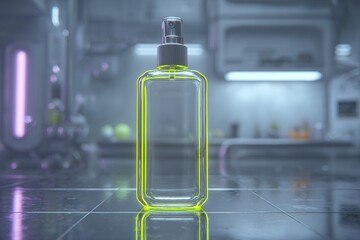Poster - Bright yellow bottle in a futuristic laboratory setting with sleek modern design and ambient lighting during a late evening