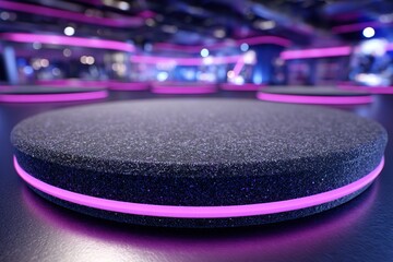 Poster - Circular platforms illuminated with vibrant purple lights in a modern entertainment venue showcase a trendy atmosphere