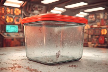 Poster - Transparent container with red lid on a workbench in a cluttered workshop during the afternoon