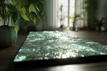 Poster - Artistic indoor floor design with glowing pattern illuminated by natural light from large windows