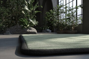 Poster - Indoor garden area featuring a textured green rug and lush plants during daylight