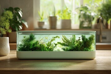 Poster - Beautiful indoor terrarium showcasing vibrant greenery in a sunlit kitchen environment with plants in the background