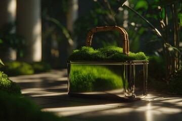 Poster - Bamboo handled basket filled with lush green moss sits in a sunlit garden space surrounded by vibrant foliage