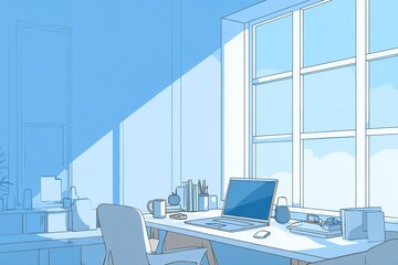 Poster - Calm workspace with bright window light illuminating a desk and computer in a serene office setting