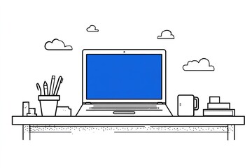 Poster - Workspace with laptop, stationary, and coffee cup under a clear sky