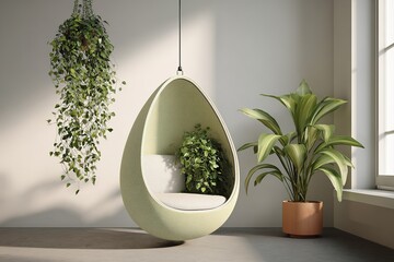 Poster - Modern indoor space featuring a hanging chair with plants and natural light at mid-morning