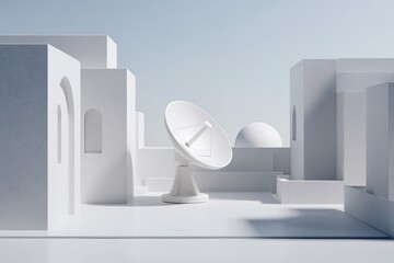 Poster - Modern satellite dish situated among minimalist white architectural structures in a serene outdoor setting