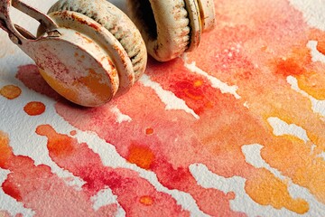 Poster - Vintage headphones on vibrant watercolor background with splashes of red and orange colors
