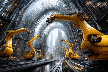 Poster - Yellow robotic arms work diligently in a complex automated factory, showcasing advanced technology