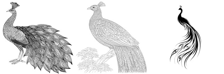 Poster - The peacock bird is depicted in a modern illustration using a Japanese and Chinese ink line sketch style