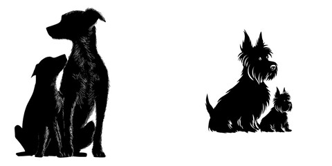 Poster - The modern image features a dog with her puppy, both in silhouette, isolated against a white backdrop