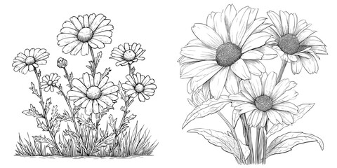 Poster - A collection of chamomile flowers rendered in a hand-drawn style, presented as a stylized and decorative botanical illustration with modern flair, set against a white background as a black isolated
