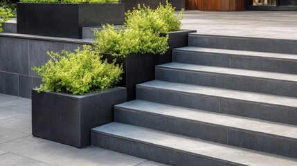 Poster - Bright sunlight highlighting minimalist garden landscape, grey stone steps complementing black planters housing lush green vegetation, merging natural and architectural elements