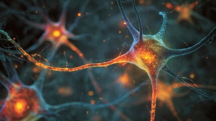 Poster - Digital illustration of synaptic connections in the striatum deteriorating with glowing neural pathways breaking apart in vibrant colors.