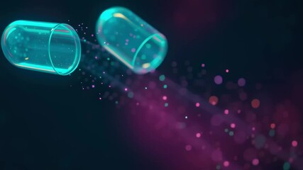 Poster - Colorful Abstract Representation of a Capsule with Vibrant Particle Effects in Dark Background