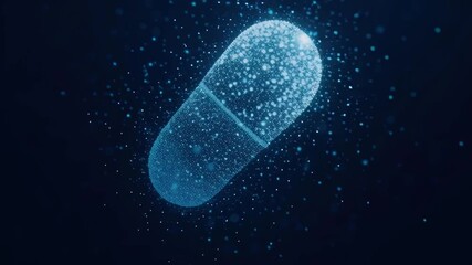 Poster - Blue Capsule with Digital Effects and Floating Particles in Dark Background