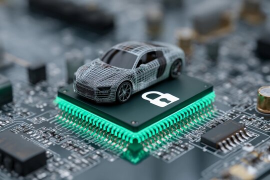 Futuristic car model on green illuminated microchip with circuit board background