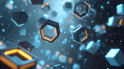 Poster - A captivating 3D representation of hexagonal shapes floating in a vibrant digital space, emphasizing technology's essence.