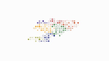 Poster - Kyrgyzstan dotted animation. Shape of the country build of pulsating colored dots. Large size circle blocks. Digital style map on white background. Abstract video.