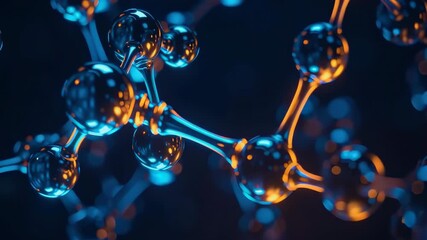 Poster - Abstract Molecular Structure with Glowing Spheres and Bright Liquid Effect in Blue and Orange Background