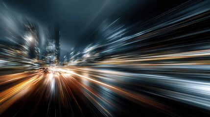 Poster - A dynamic cityscape at night, showcasing light trails and urban structures blending into a vibrant blur of motion.