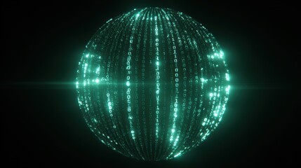 Poster - A glowing digital sphere made of bright, green binary code representing futuristic technology.