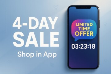 Leinwandbilder - Promotional image featuring a phone displaying a countdown for a limited-time offer, with bold text advertising a 4-day sale and urging users to shop in-app against a light blue background.