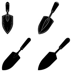 Poster - Illustration of four black gardening trowels with different designs on a white background view from above