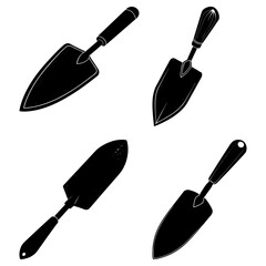 Poster - Four gardening trowels in black silhouette arranged on a white background showing gardening tools