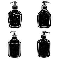 Poster - Four hand sanitizer bottles with pump dispensers in black and white vector illustration style design