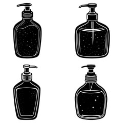 Poster - Four black and white hand sanitizer bottles with pump dispensers in a vector graphic style image