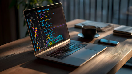 Poster - Modern laptop showing programming code on wooden desk in cozy home office